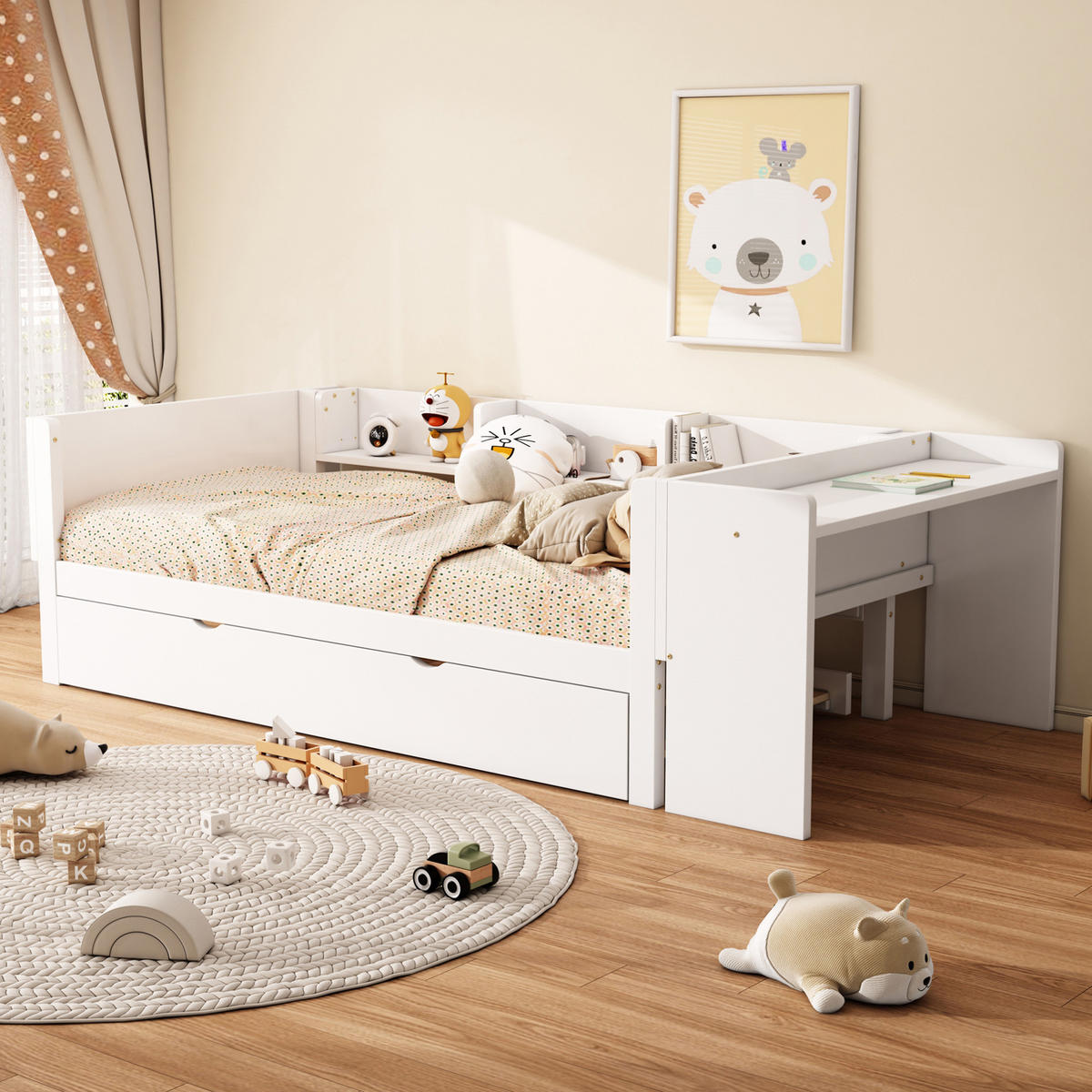 KINDERBETT 90/200 cm aus Kiefer und MDF mit Ausziehbett, Schreibtisch und 3 Seitenregalen Weiß - Weiß, Holzwerkstoff (90/200cm) - Modenvie