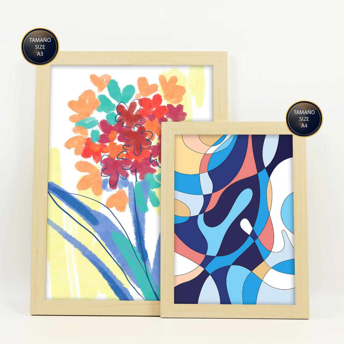 POSTER Set Mit 6 Flora Vein Abstrakte Blumenmuster Größe A3 & A4 Rahmen aus hellem Holz - Beige, Papier (29.7/1cm) - Nacnic