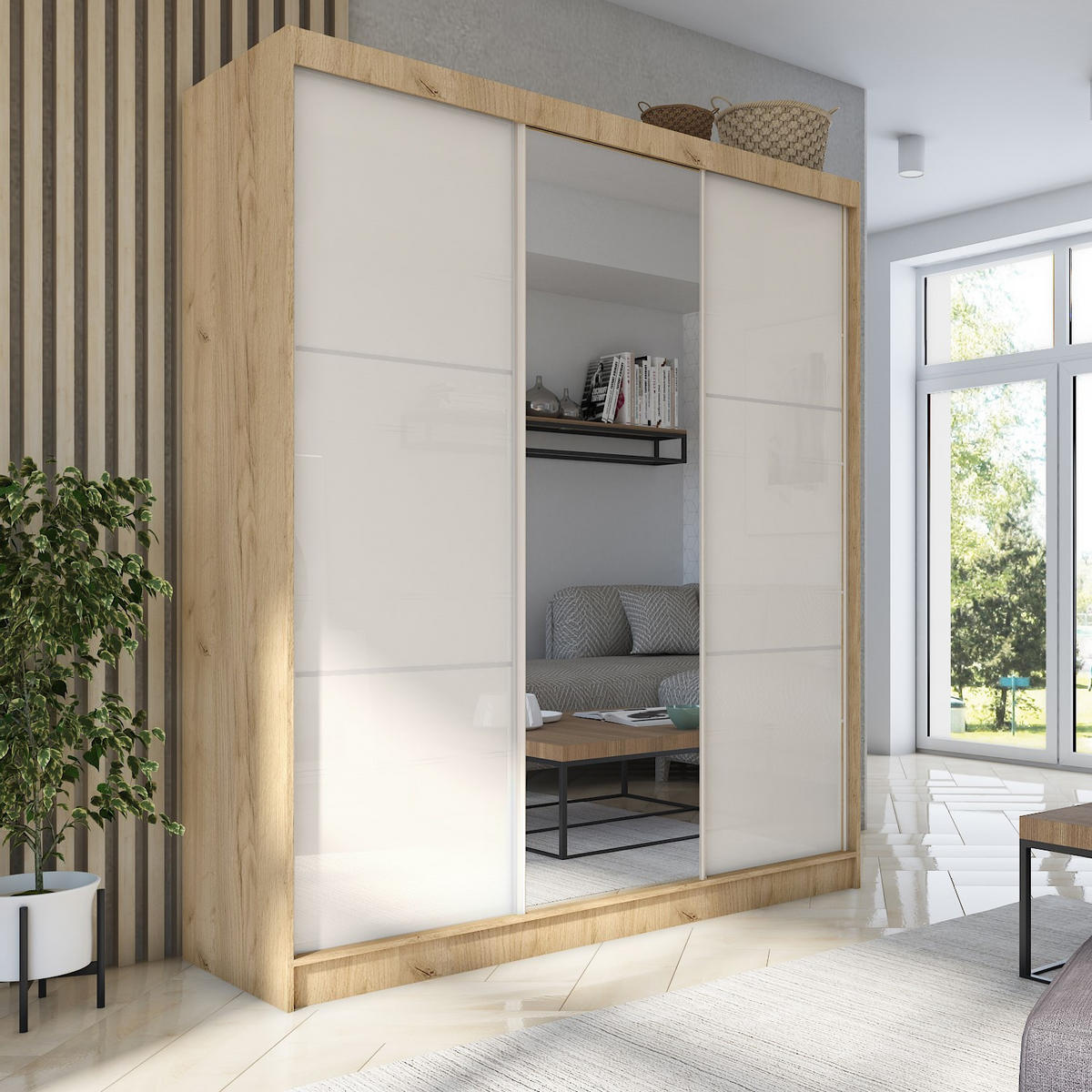 SCHWEBETÜRENSCHRANK VITALE 180/216/61 cm 3-türig mit Spiegel Sonoma Eiche - Weiß/Sonoma Eiche, Holzwerkstoff (180/216/61cm) - MASSENO