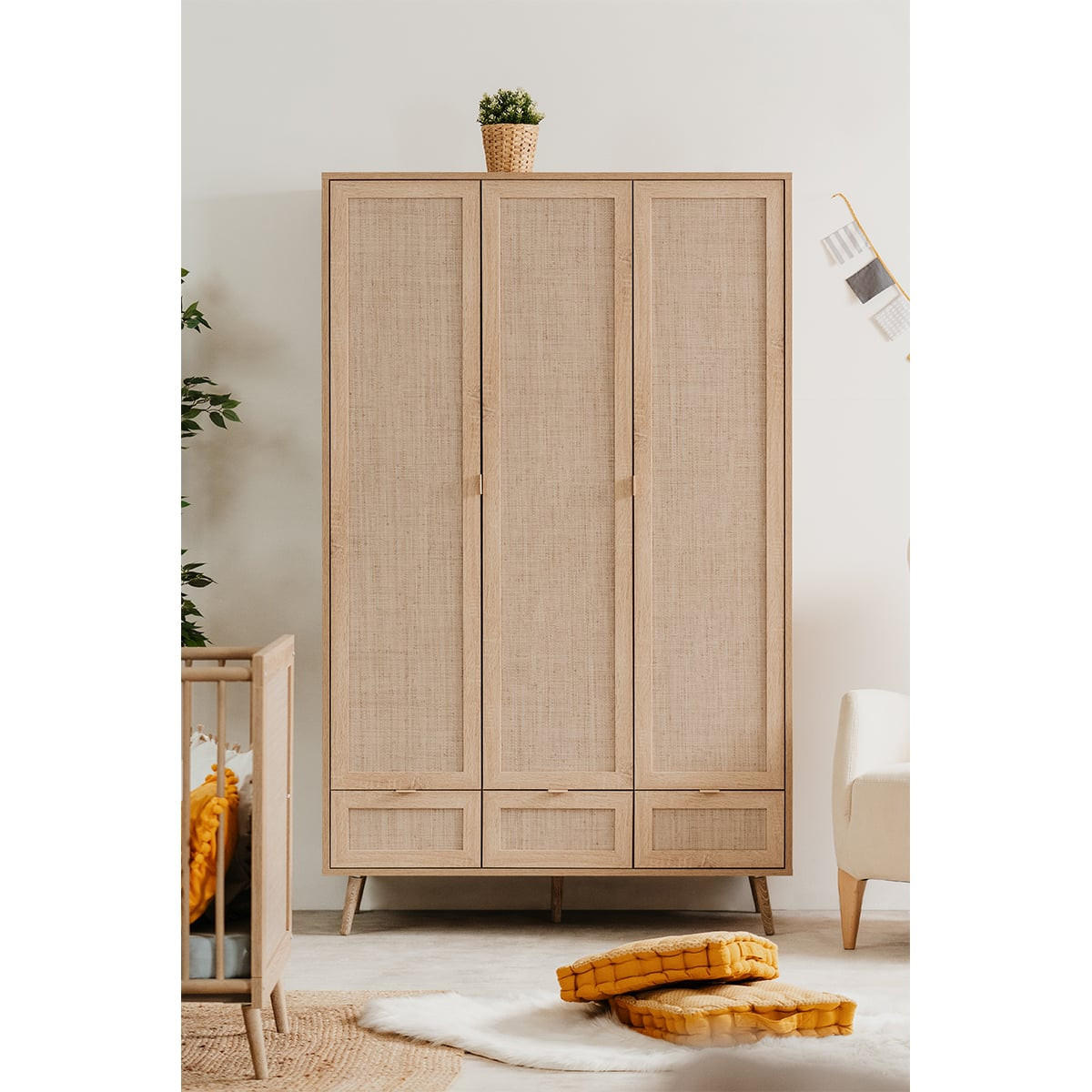 SCHRANK mit 3 Türen, 3 Schubladen, 2 Kleiderstangen L120cm - Rattan-Druck - Bali - Apfelbaumfarben, Holzwerkstoff (55/195/120cm) - Calicosy