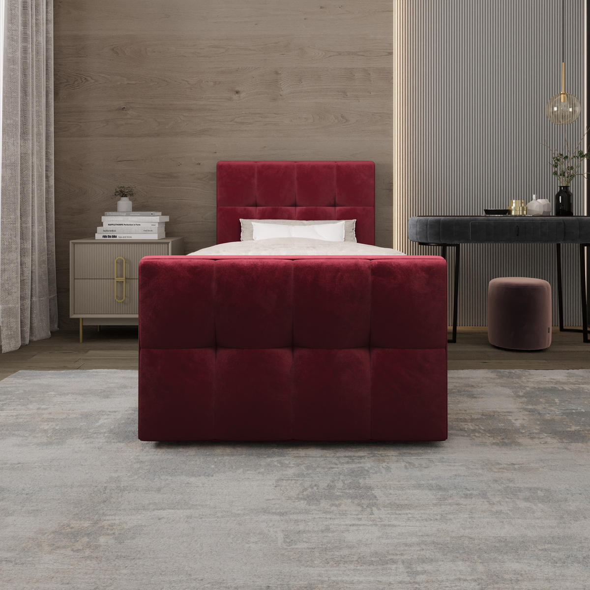 BOXBETT MANHATTAN mit Matratze H3, Bonell und Topper 90x200 Monolith 59 - Rot, Textil (90/200cm) - Bedante