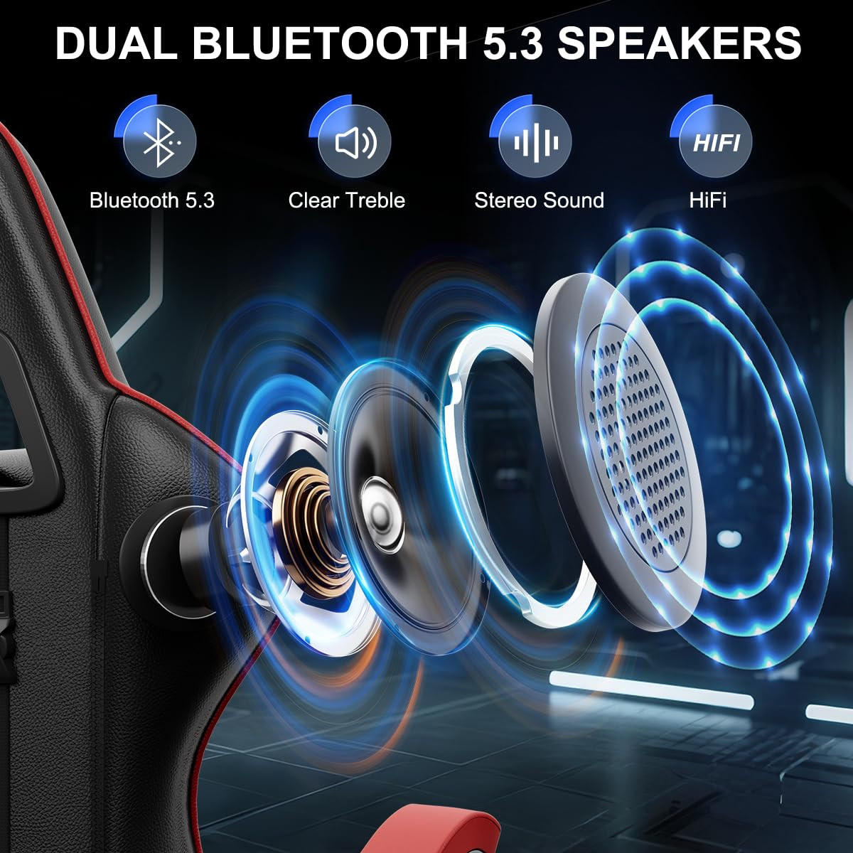GAMINGSTUHL Schwarz-Rot mit Bluetooth Lautsprechern ergonomisch höhenverstellbar - Rot, Metall (66/124/58cm) - Rattrix