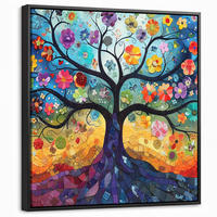 LEINWAND Bilder mit Rahmen - Kunst - Baum des Lebens - Blumen - Hippie - 50x50 - Dunkelblau, Textil (50/50cm) - MuchoWow