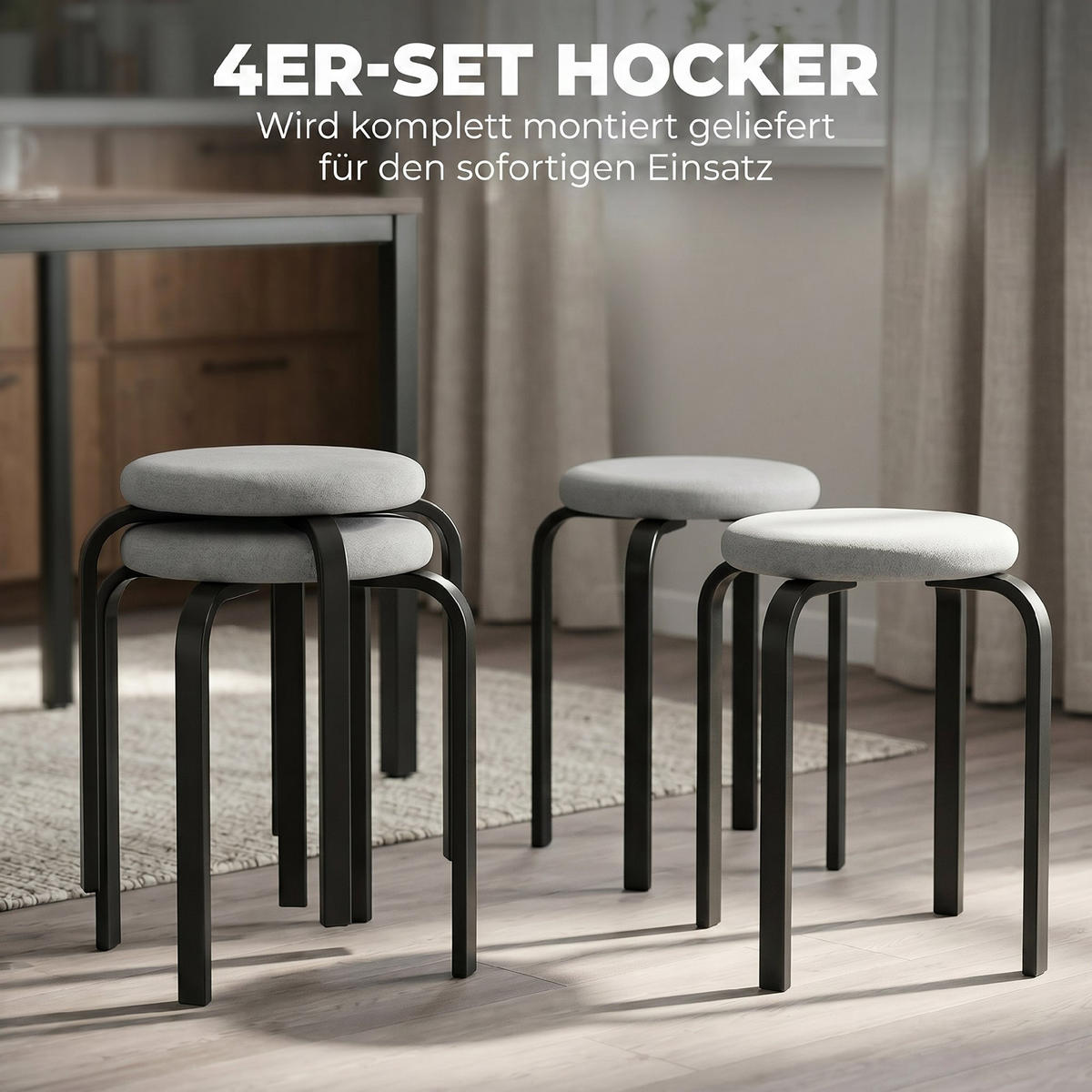 STAPELHOCKER DE-06929 4er-Set gepolstert rund, stapelbar Grau - Grau, Textil/Metall (40/45/40cm) - ComfortXL