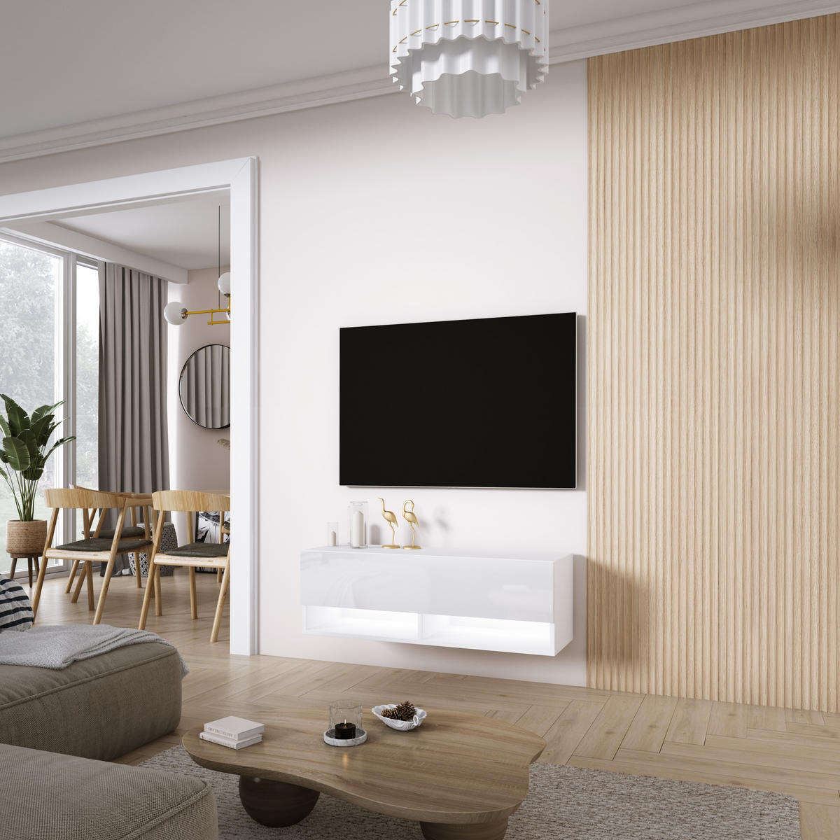 TV-LOWBOARD 100 cm Mattweiß / Hochglanzweiß, LED weiß, 100 × 32 × 34 cm - Weiß, Holzwerkstoff (100/33.6/32cm) - 3XE LIVING