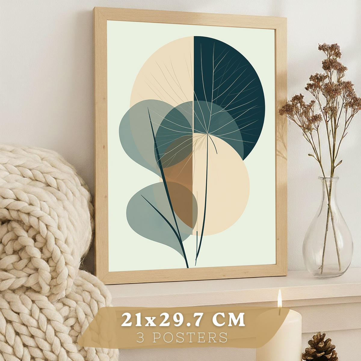PLAKAT Sada 3 Abstraktní rostlina A3 Lehký dřevěný rám - béžová, papír (29.7/1/42cm) - Nacnic