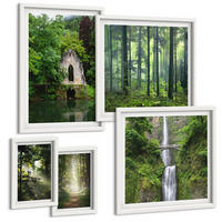 BILDER SET 5er Set - 50x50 cm & 20x30 cm & 40x60 cm Weißer Rahmen - Grüne Wälder, Lichtstrahlen - Weiß, Kunststoff (40/60cm) - TULUP