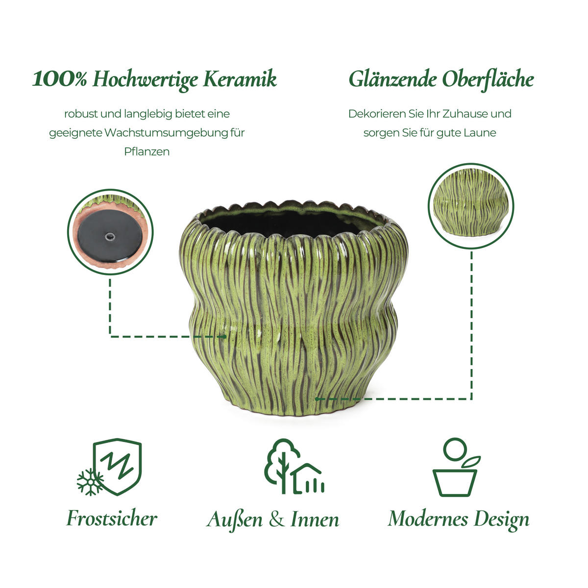 GRÜNER Keramik-Blumentopf, Durchmesser 26 cm, Höhe 24,5 cm - Grün, Keramik (25cm) - Hometopia