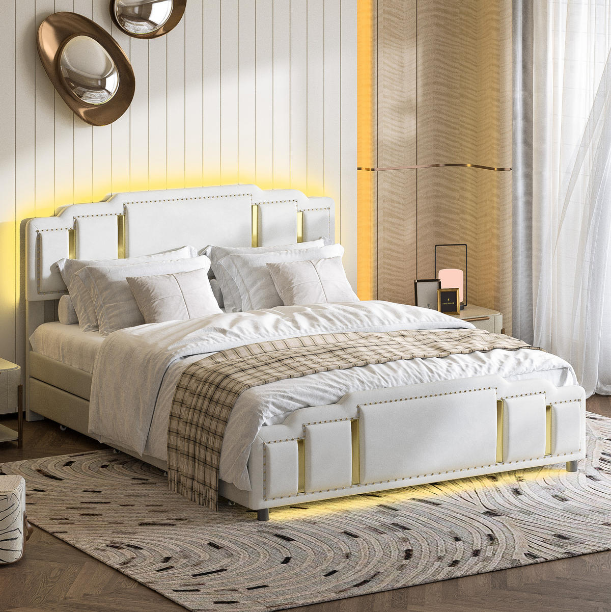 POLSTERBETT 140/200 cm aus Samt mit LED-Beleuchtung und 4 Schubladen Beige - Beige, Textil (140/200cm) - Modenvie