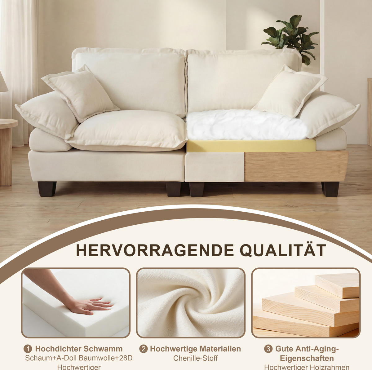 ECKSOFA 194/151/90 cm Beige aus Chenille mit Ottomanen und 2 Kissen - Beige, Textil (151/194cm) - OKWISH