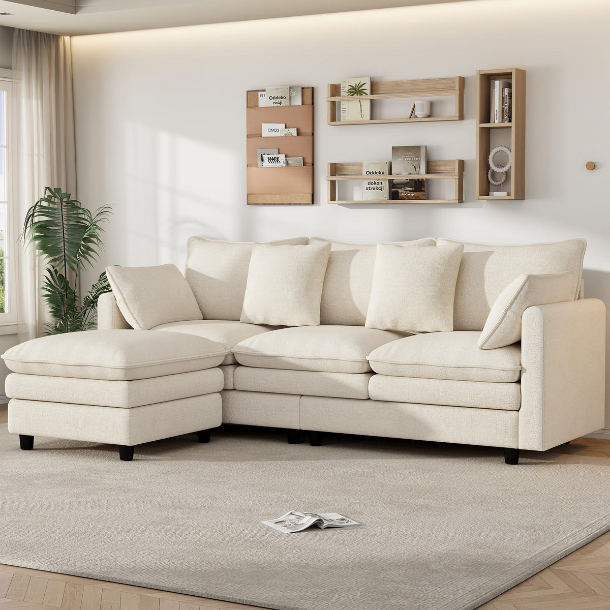 ECKSOFA 212/150/90 cm Beige mit 4 Zierkissen und 3 Rückenlehnen - Beige/Schwarz, Textil (212/150cm) - Oxeza