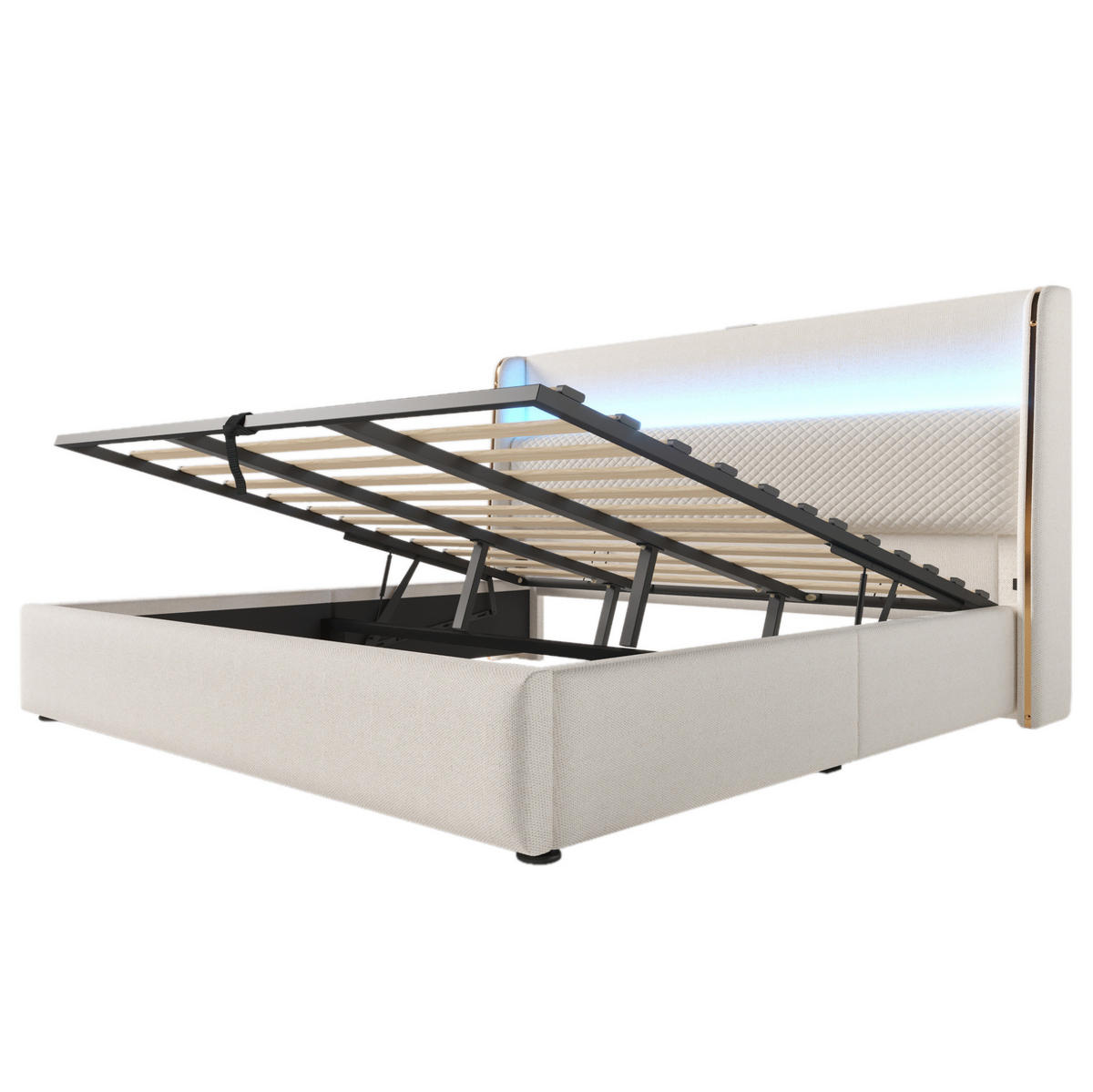 ČALÚNENÁ posteľ z ľanu 180x200 cm béžová s LED osvetlením, USB a Type-C, hydraulickým úložným priestorom - béžová, textil (180/200cm) - Modfu