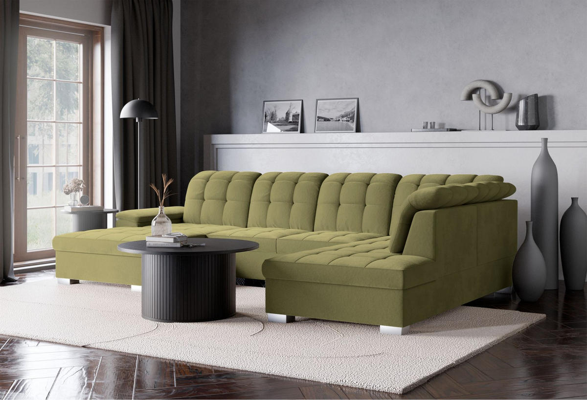 WOHNLANDSCHAFT Jamaal Olivgrün Velours linksseitig - Schwarz/Olivgrün, Textil (330/106/212cm) - Selsey