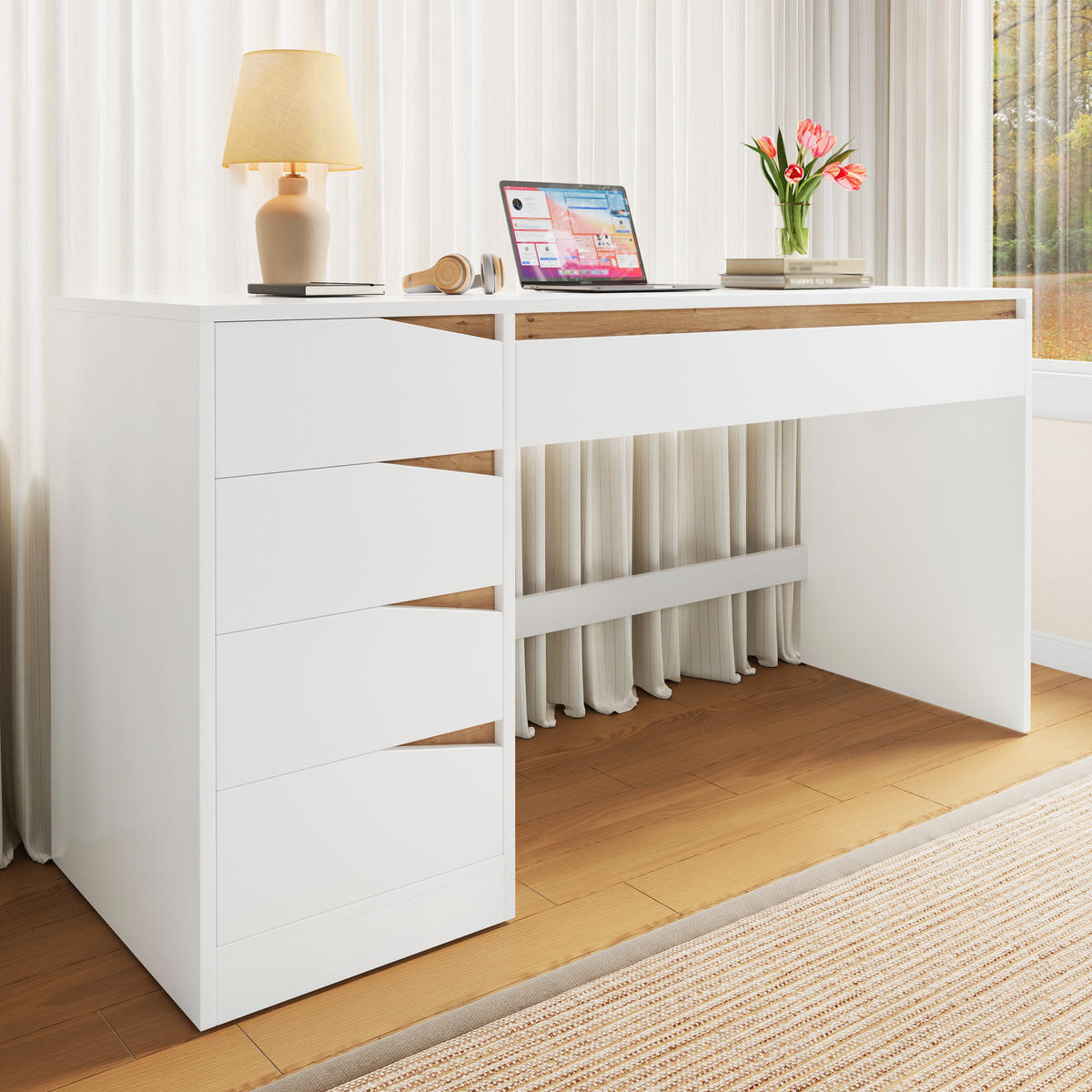 SCHREIBTISCH Weiß/Eichefarben 140/50/78 cm mit 5 Schubladen und großer Arbeitsfläche - Weiß, Holzwerkstoff (50/140/78cm) - PANGIVO