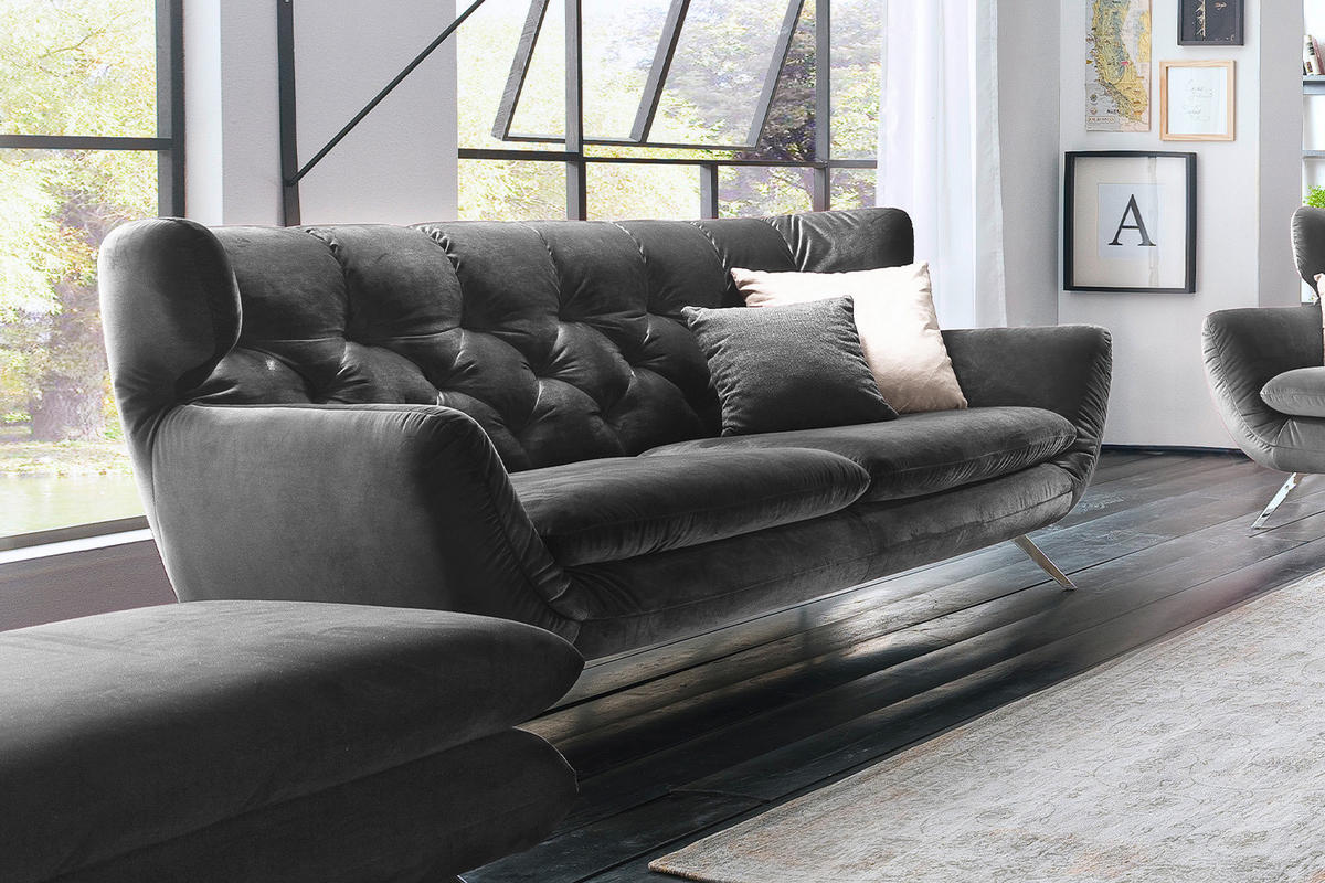 SOFA CHARME Grau Velvet - Silberfarben/Grau, Textil/Metall (225/94/95cm) - KAWOLA