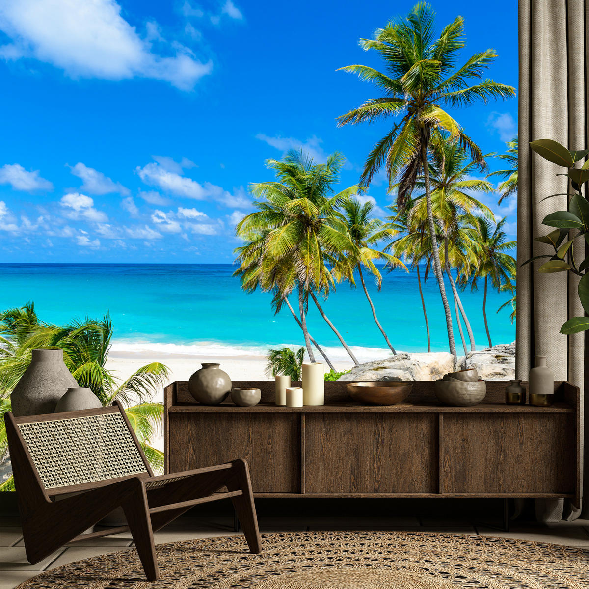 FOTOTAPETE Strand Palmen Ozean Landschaft 3D 250x175 - Blau/Beige, Papier (250/175cm) - Muralo