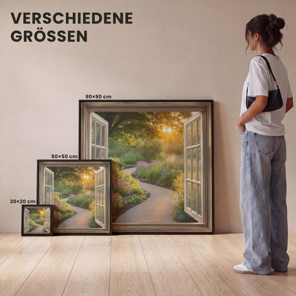 LEINWAND Bilder mit Rahmen - Aussicht - Blumen - Natur - Sonne - Weg - 50x50 - Hellgelb, Textil (50/50cm) - MuchoWow