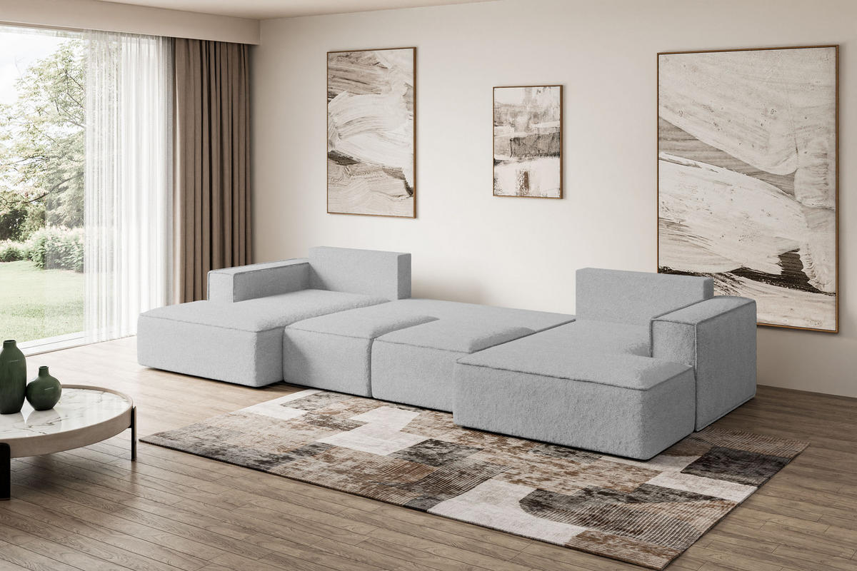 WOHNLANDSCHAFT mit Schlaffunktion und Bettkasten SIERRA-U-S - 349x161x87 cm Hellgrau Bouclé - Hellgrau/Schwarz, Holzwerkstoff/Kunststoff (349/87/161cm) - ALTDECOR