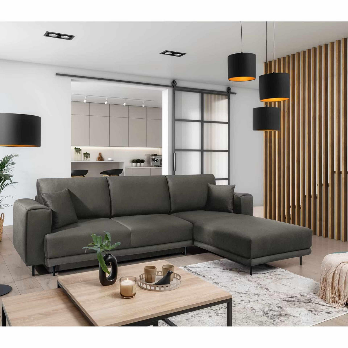 ECKSOFA mit Schlaffunktion und Bettkasten, Loco-Stoff - Schwarz/Grau, Textil/Metall (190/289cm) - Eltap