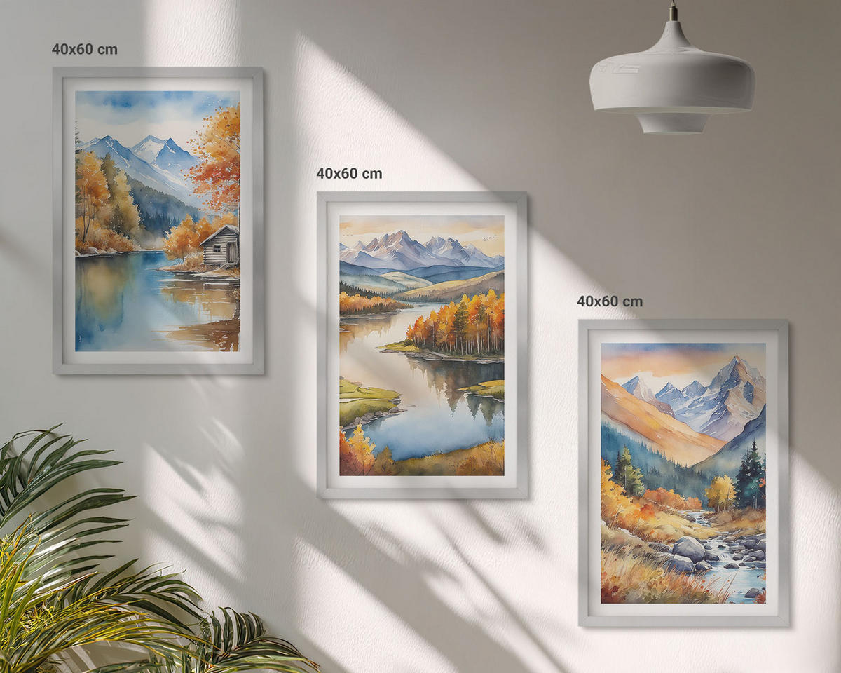 WANDBILDER 3er Set - 40x60 cm Silberner Rahmen - Gebirgsflüsse, Herbstbäume - Silberfarben, Kunststoff (40/60cm) - ArtPrintCave