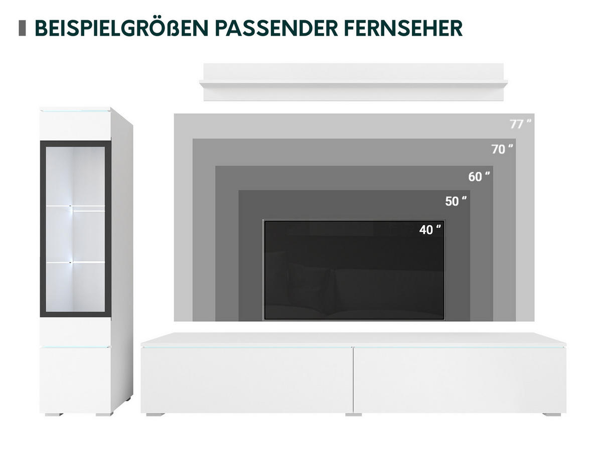WOHNWAND Vera I mit weißer LED Beleuchtung - Weiß Hochglanz/Silberfarben, Holzwerkstoff/Kunststoff (33/30/180cm) - MIRJAN24