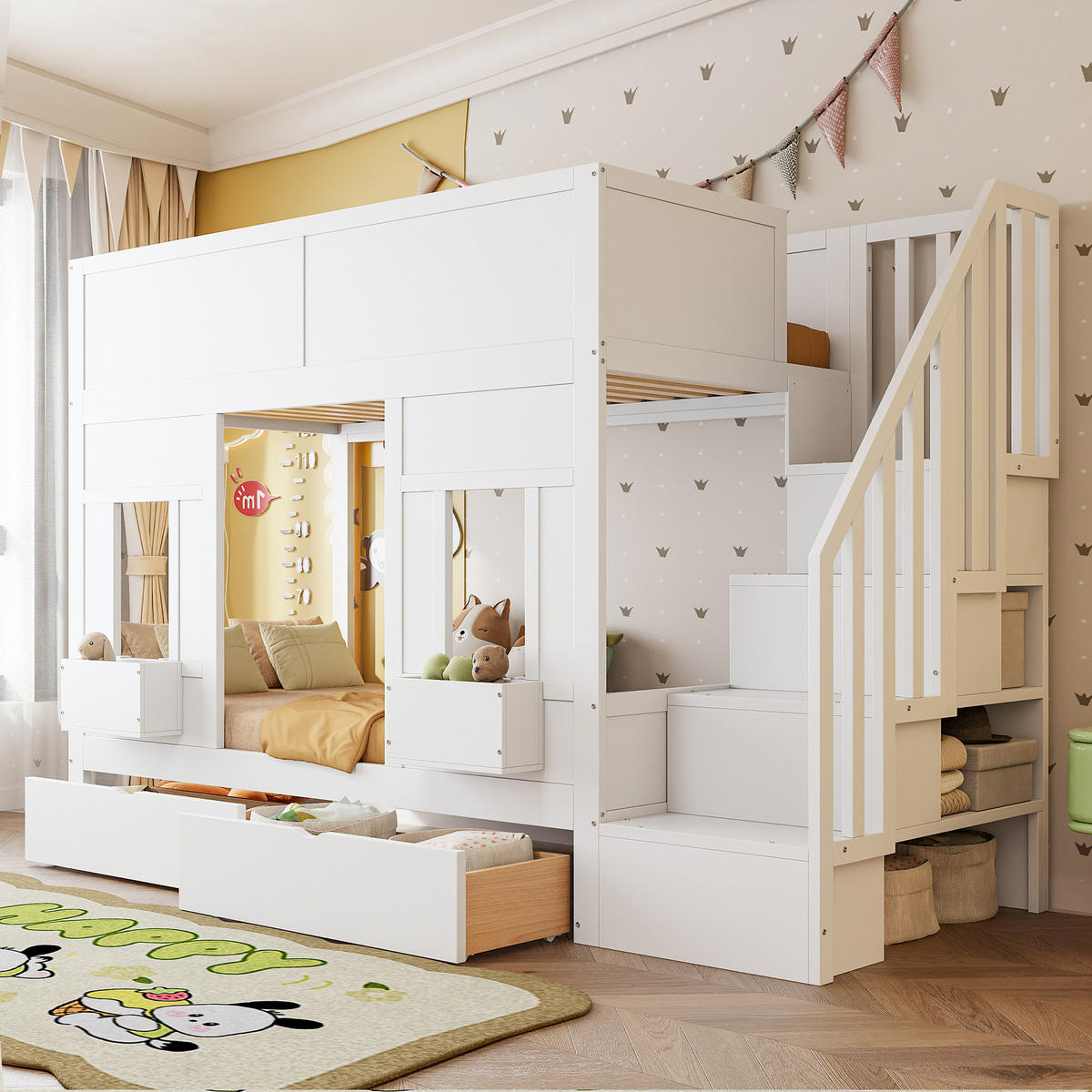 ETAGENBETT 90/200 cm in Weiß Kinderbett mit Treppe, 2 Schubladen und Stauraum - Weiß, Holzwerkstoff (90/200cm) - STILVORA
