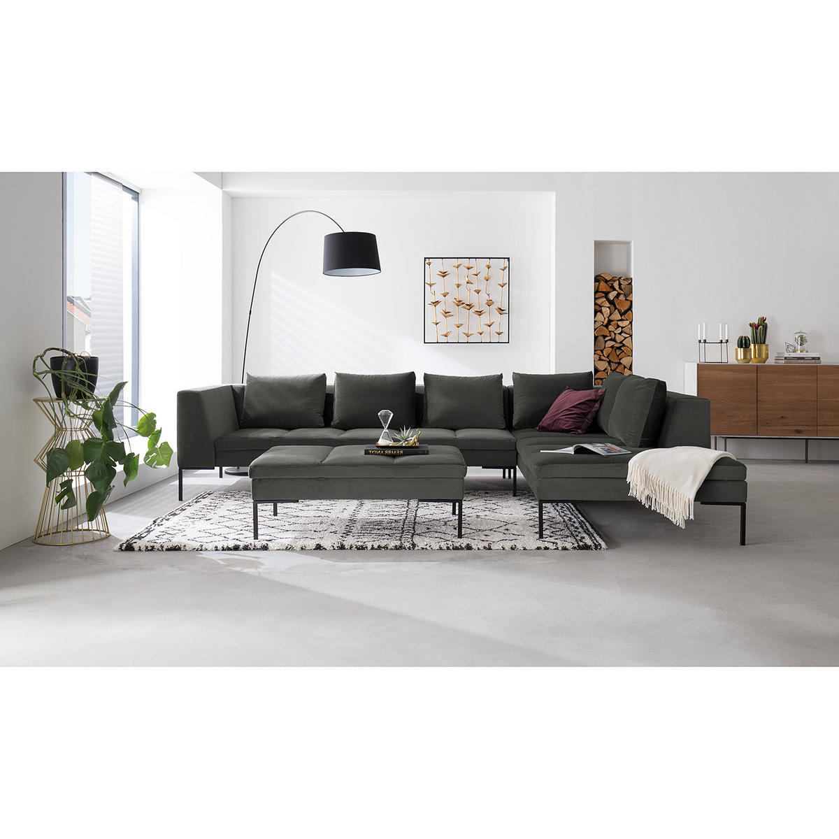 ECKSOFA mit Ottomane - Schwarz/Grün, Textil/Metall (319/230cm) - home24