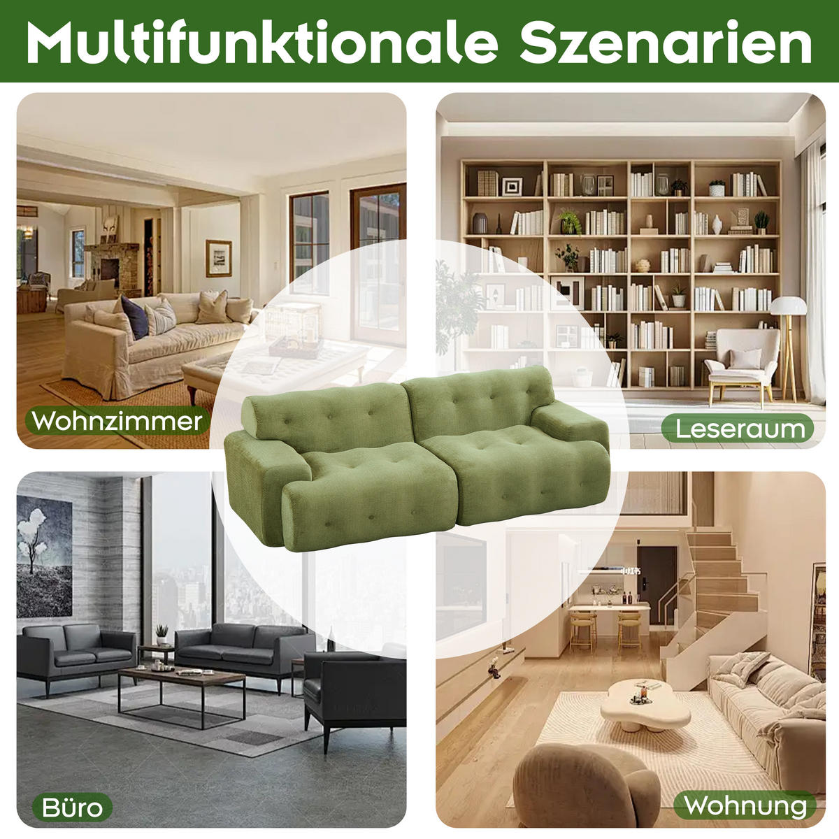 2-SITZER SOFA Chenille Grün montagefrei - Grün, Textil (224/66/104cm) - WISHDOR