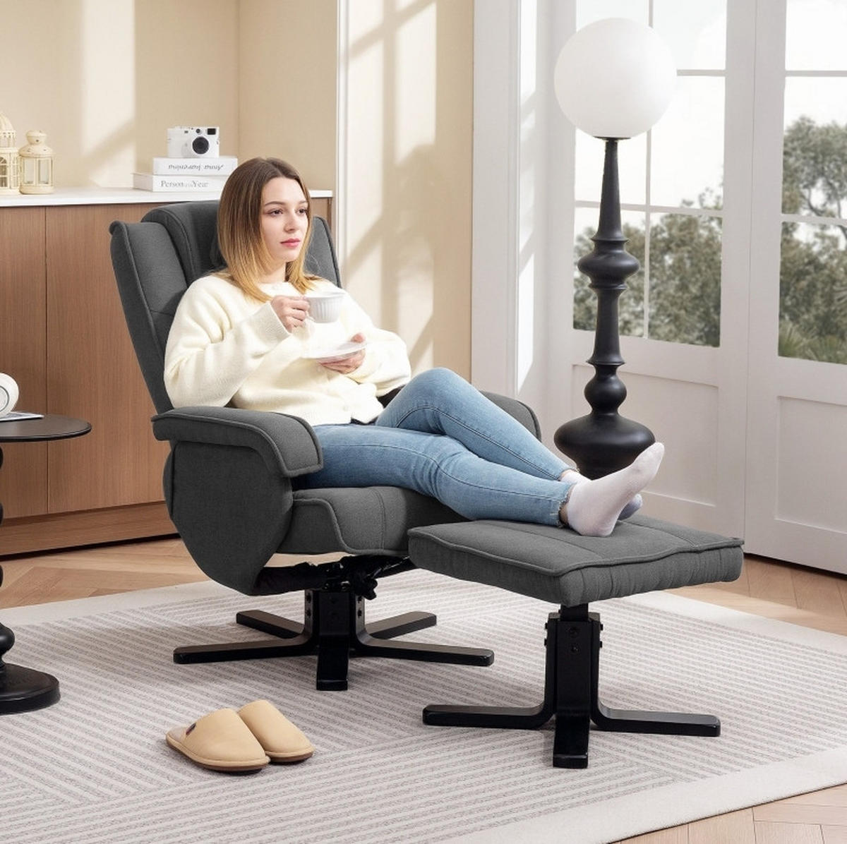 RELAXSESSEL Polyester mit Hocker 360° drehbar, 135° verstellbar 67/87/96 cm Dunkelgrau - Dunkelgrau, Textil (67/96/87cm) - Redom