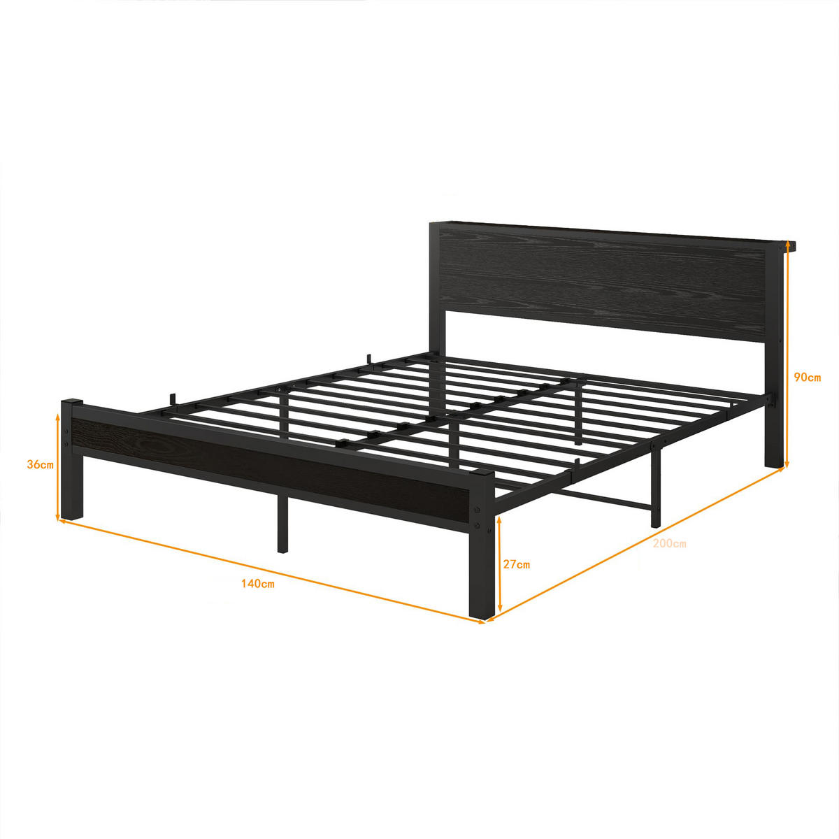 METALLBETT 140x200 cm Stauraum Kopfteil schwarz - Schwarz, Holzwerkstoff (140/200cm) - LEBENLANG