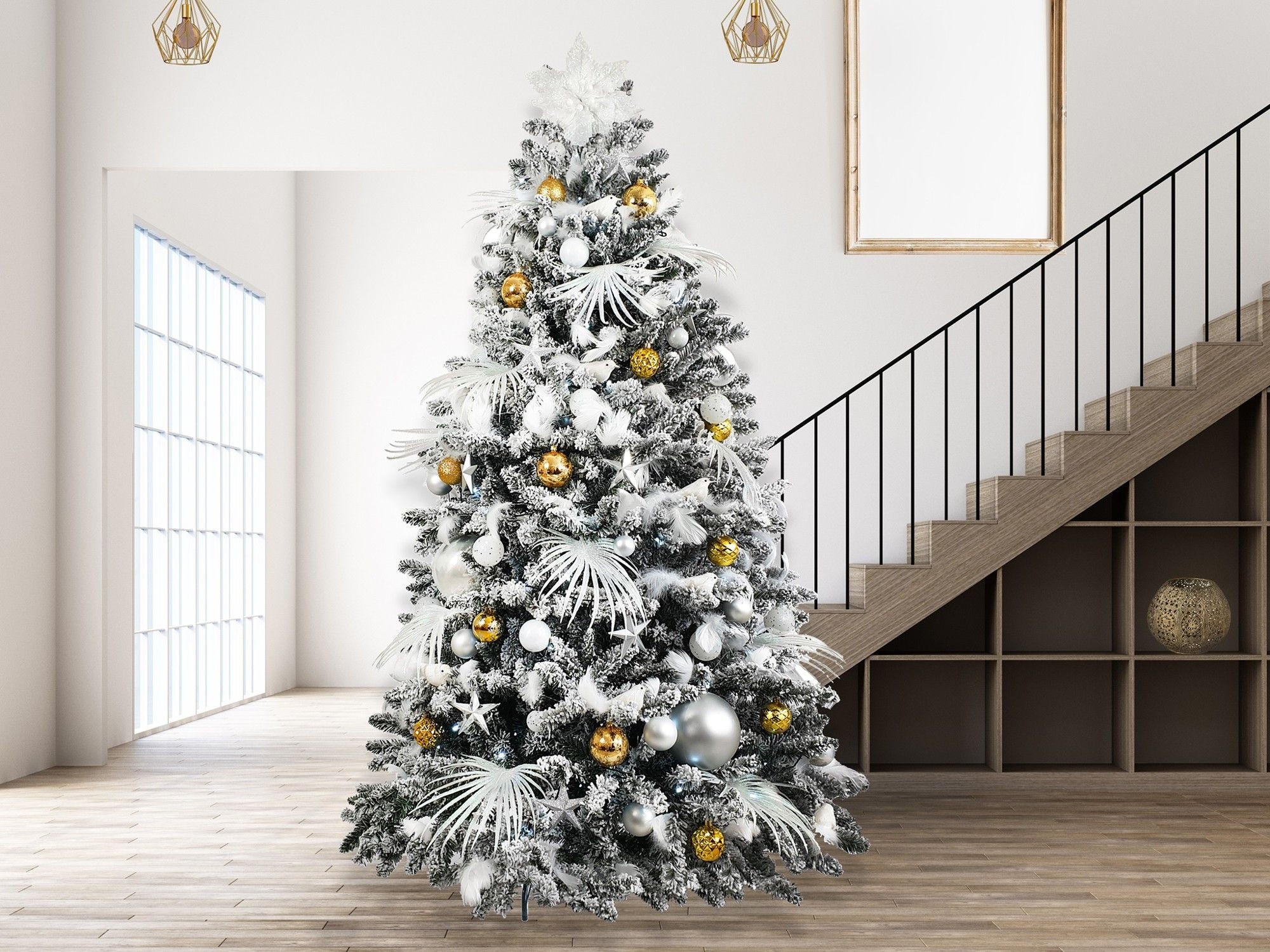 WEIHNACHTSBAUM geschmückt künstlich mit 222 Stk Kugeln POLAR GOLD 300 cm mit Metallständer - Silberfarben/Goldfarben, Kunststoff (300cm) - LAALU