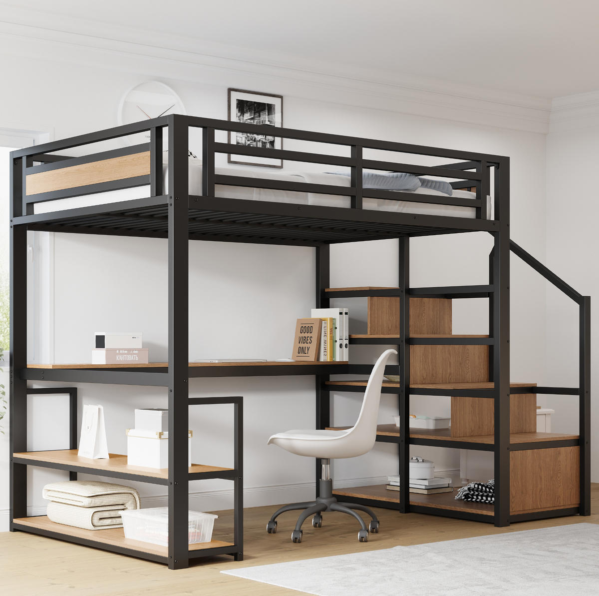 HOCHBETT 140/200 cm aus Metall und MDF mit Leiterregal und Schreibtisch Schwarz - Schwarz, Metall (140/200cm) - Modenvie
