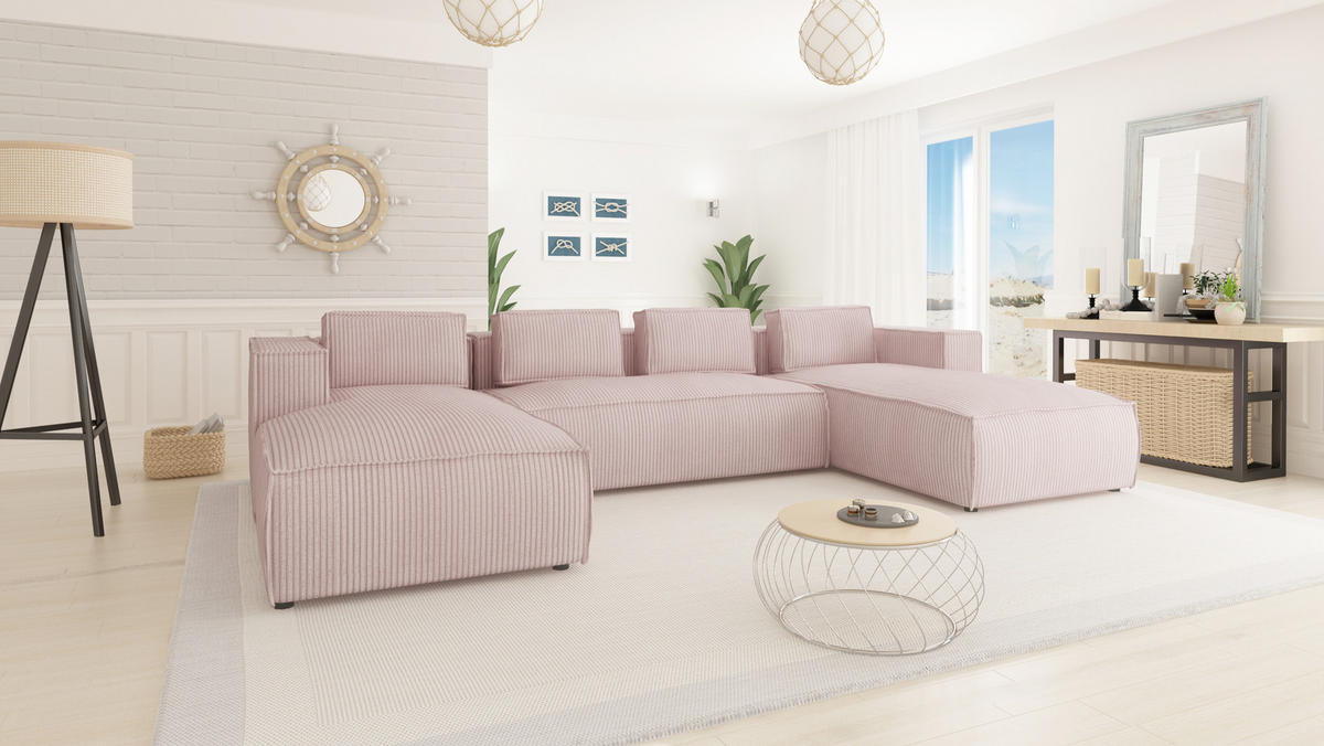 WOHNLANDSCHAFT Nova Puderrosa Cord - Pink/Schwarz, Holz/Kunststoff (327/64/176cm) - S-Style Möbel