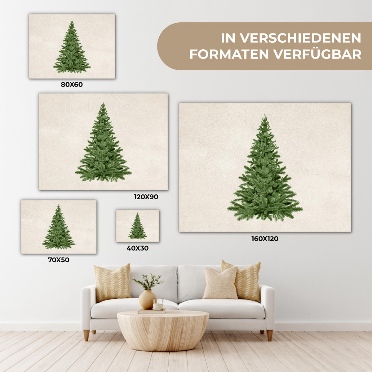 LEINWANDBILD Weihnachtsbaum - Grün - Weihnachten - Feiertage Wandbilder 80x60 cm - Olivgrün, Textil (80/60cm) - MuchoWow