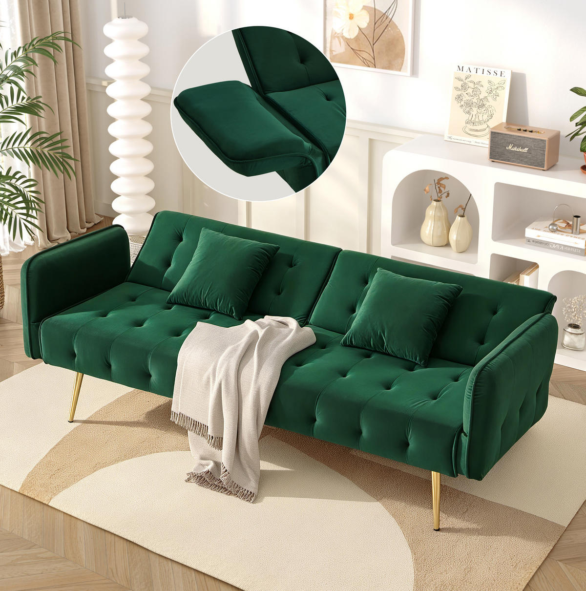 SOFABETT 2-in-1 215 x 81,5 cm Velours Green - Grün, Kunststoff (178/70/82cm) - Meubliv