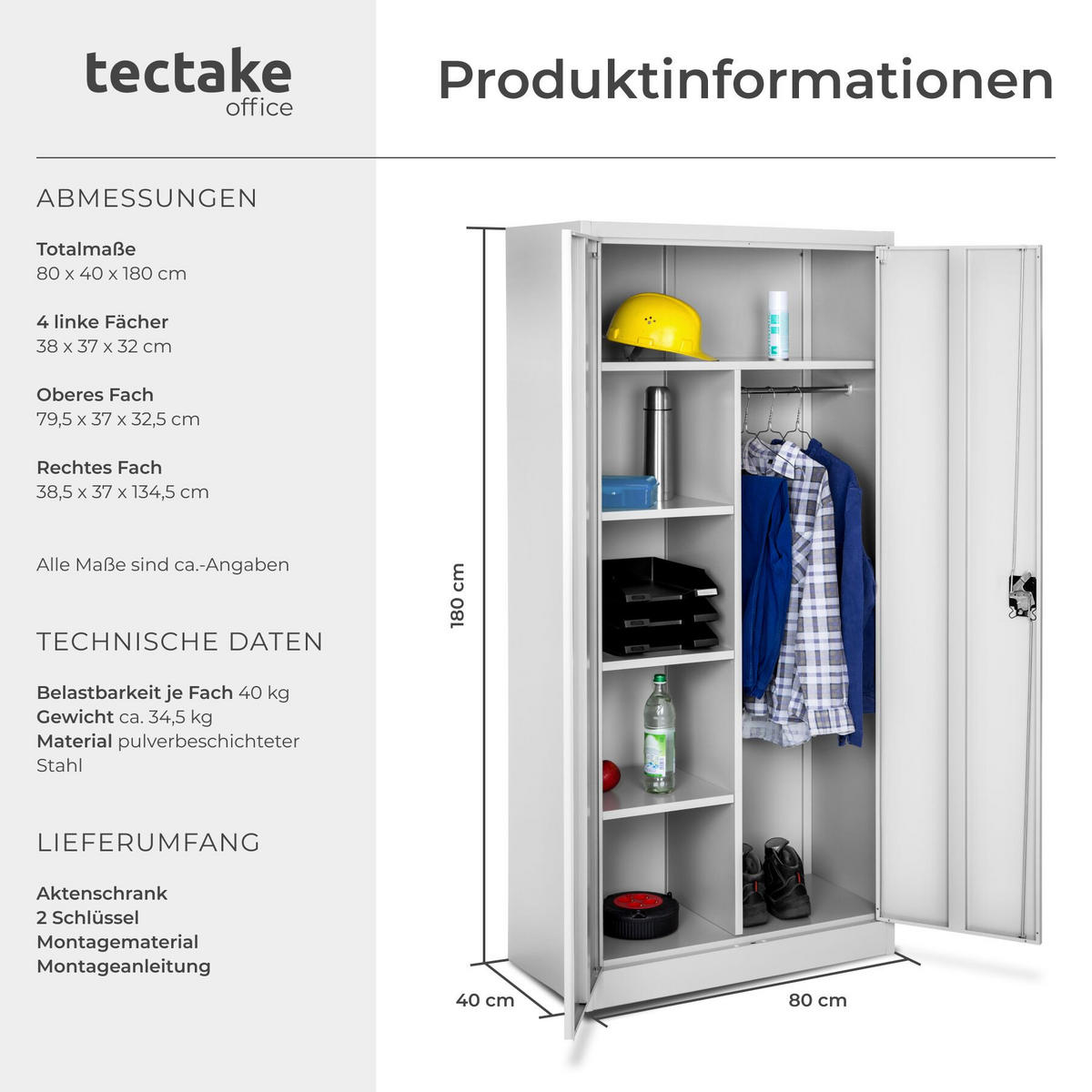 SPIND ,180 x 80 x 40 cm,grau - Grau, Metall (40/180/80cm) - tectake