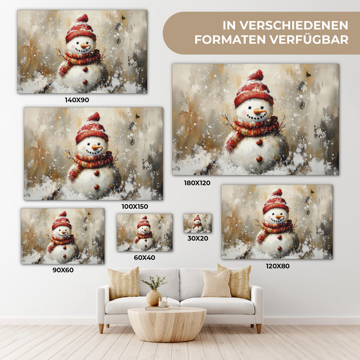 LEINWANDBILD Schneemann - Winter - Schnee - Beige XXL 150x100 cm - Weiß, Textil (150/100cm) - MuchoWow