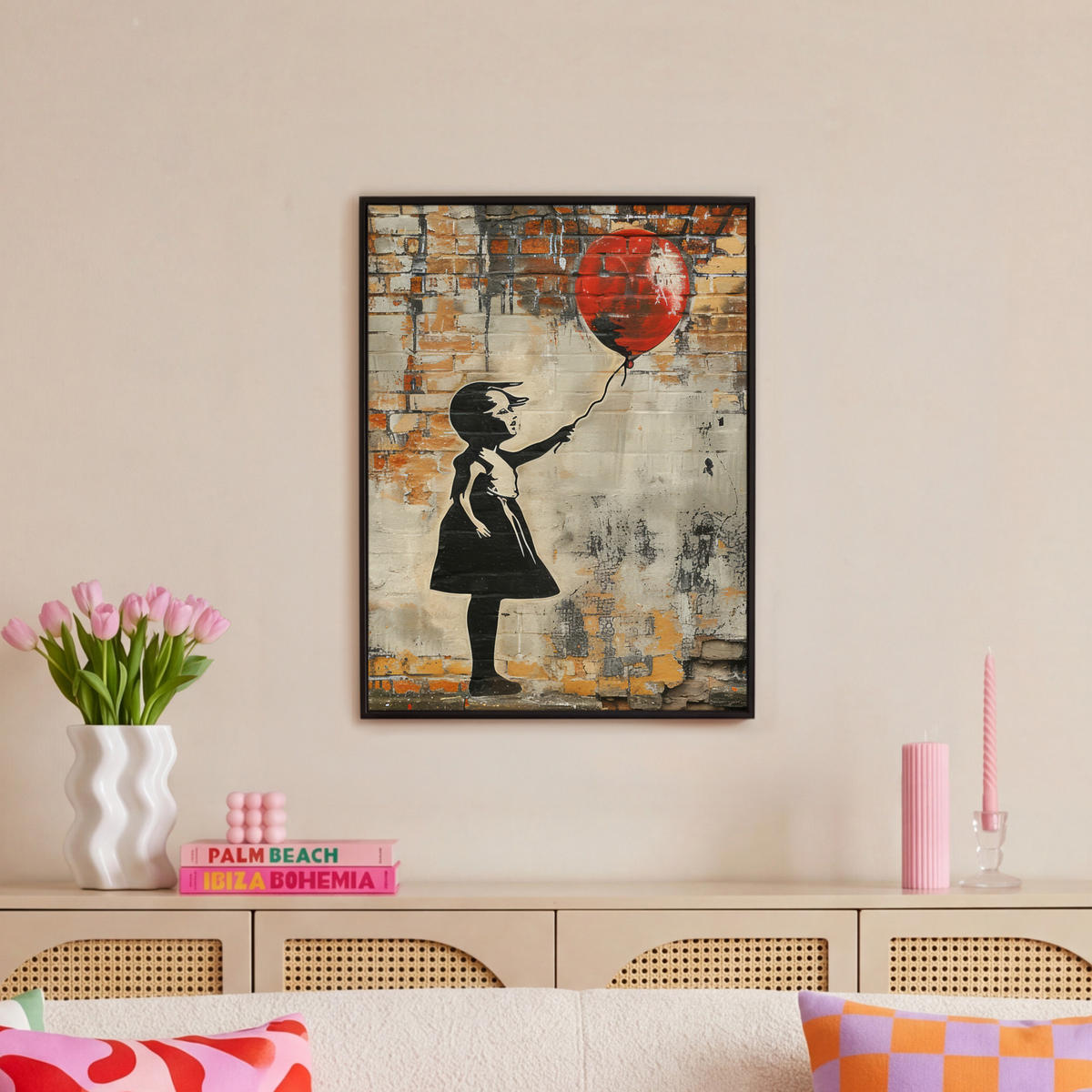 LEINWAND Bilder mit Rahmen - Graffiti - Banksy - Mädchen - Straßenkunst - 60x80 - Sandfarben, Textil (60/80cm) - MuchoWow
