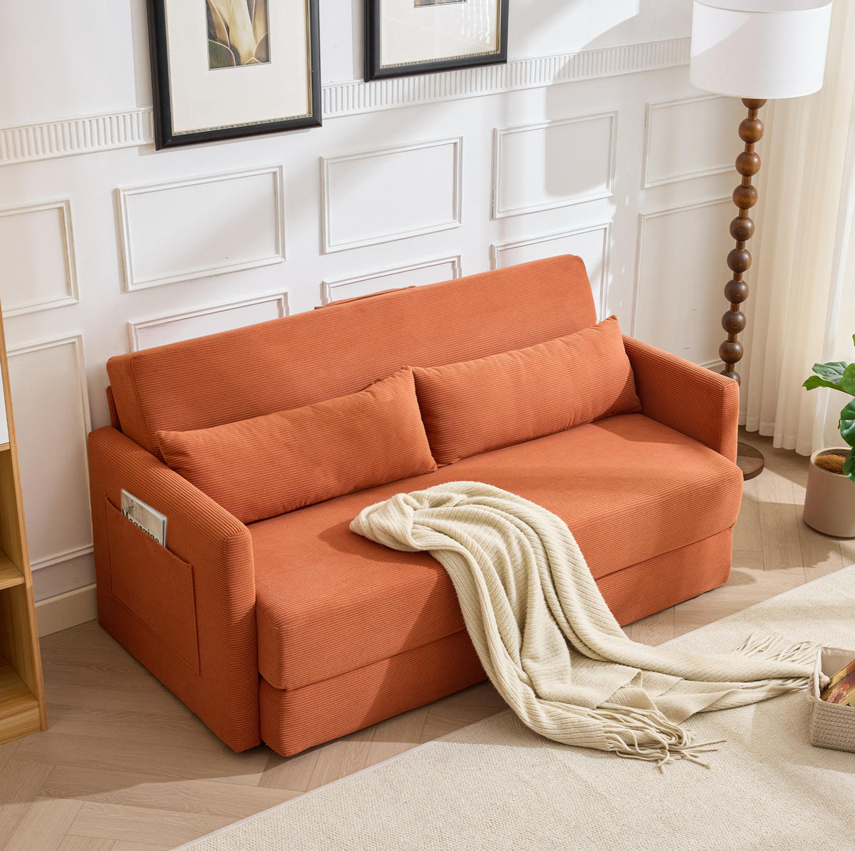 SOFABETT klappbar 165 x 92 cm Cord Orange 2-Sitzer - Orange, Metall (165/82/92cm) - Meubliv
