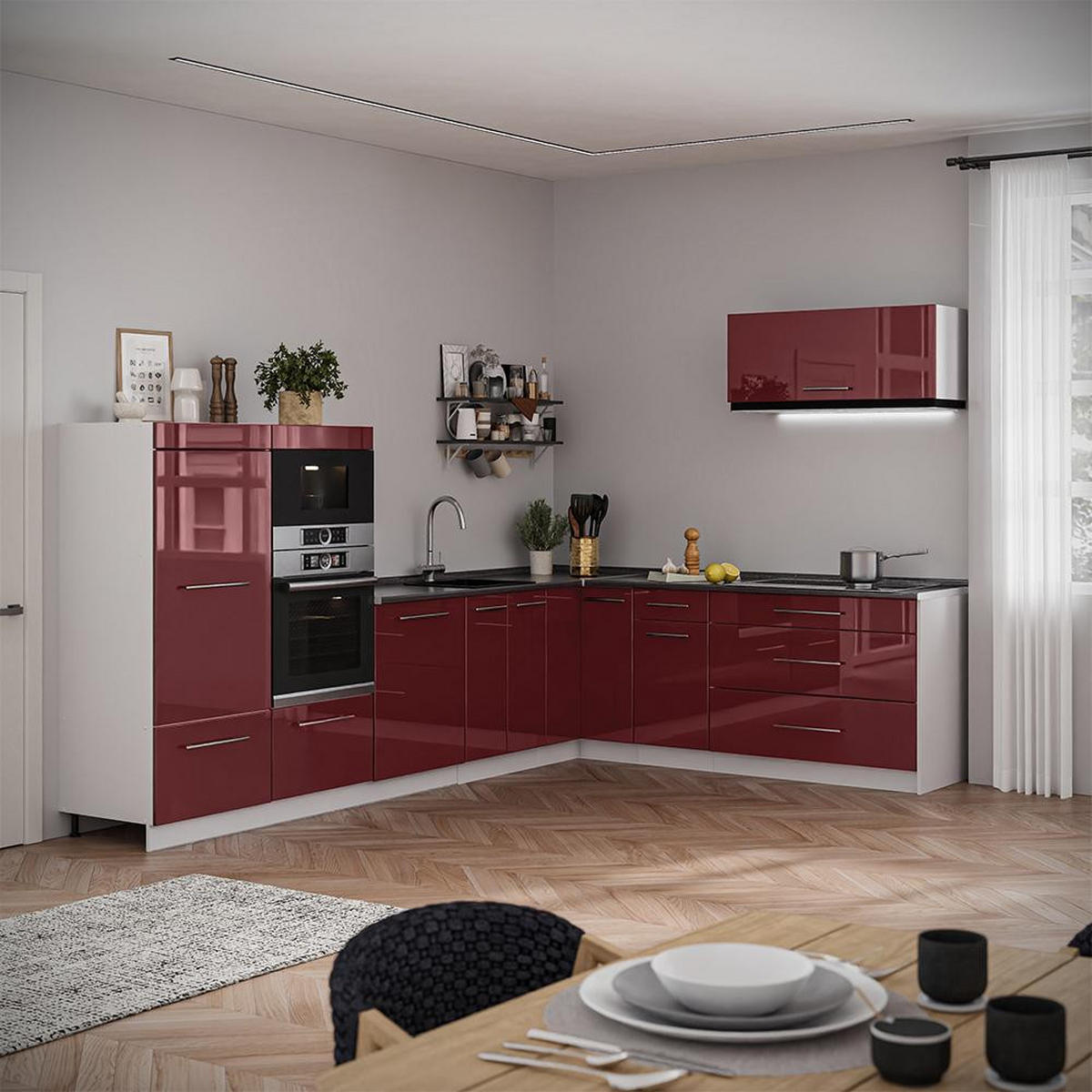 KUHINJA V OBLIKI ČRKE L Fame-Line, Bordo rdeča barva visokega sijaja/Bela, 327 x 227 cm, DP Hrast - bela/bordo, leseni material (327/153.6/60cm) - Vicco