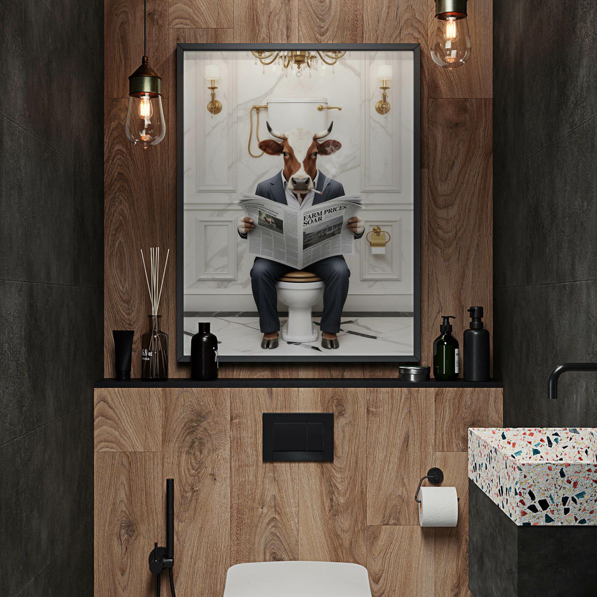 POSTER für WC Badezimmer KUH Bulle mit Zeitung auf Toilette Abstraktion 50x70cm - Gelb/Schwarz, Papier (50/70/70cm) - Muralo