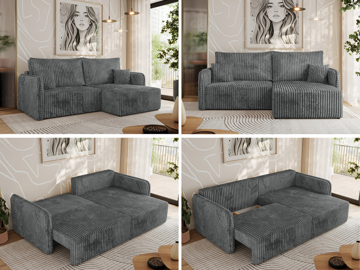 ECKSCHLAFSOFA MESTO L Dunkelgrau Cord - rechts - Dunkelgrau/Schwarz, Kunststoff/Textil (147/227cm) - MKS