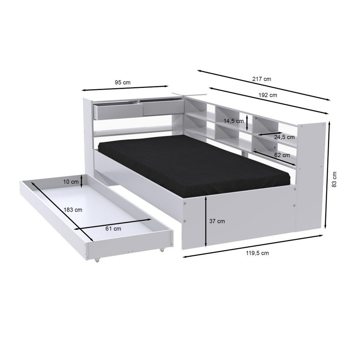 STAURAUMBETT ROLLER / 90x190 cm - Weiß - Weiß, Holzwerkstoff (90/190cm) - Weber Industries