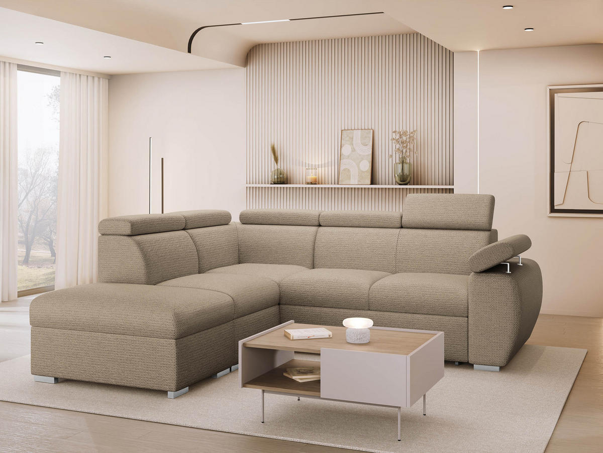 ECKSOFA Boston 2RR1P, Seite: Links PUFAP+R+1P(65)+2R - Hellbraun/Silberfarben, Holz/Textil (260/230cm) - MIRJAN24
