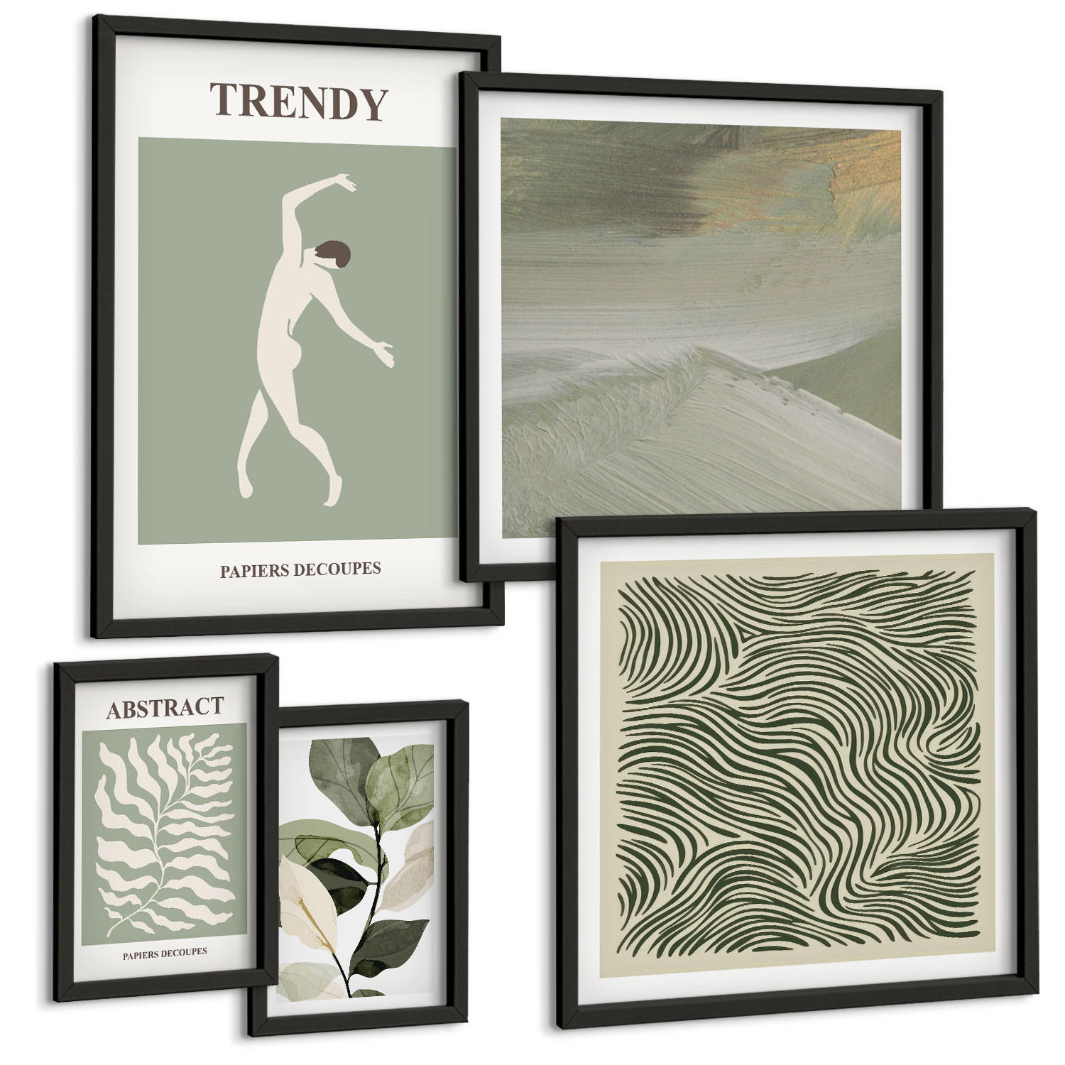 BILDER SET 5er Set - 50x50 cm & 20x30 cm & 40x60 cm Schwarzer Rahmen - Abstrakte Pflanzenmuster - Schwarz, Kunststoff (40/60cm) - TULUP
