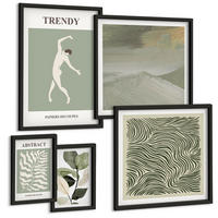 BILDER SET 5er Set - 50x50 cm & 20x30 cm & 40x60 cm Schwarzer Rahmen - Abstrakte Pflanzenmuster - Schwarz, Kunststoff (40/60cm) - TULUP