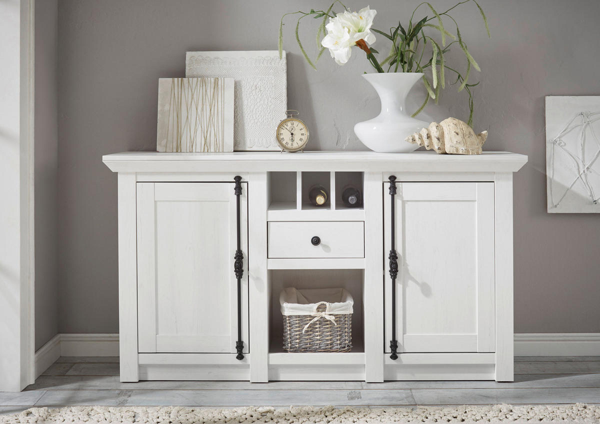 SIDEBOARD weiß Pinie Landhaus, Kommode mit Weinregal 152 x 83 cm - Anthrazit/Weiß, Holzwerkstoff/Metall (152/83/45cm) - Furn.Design