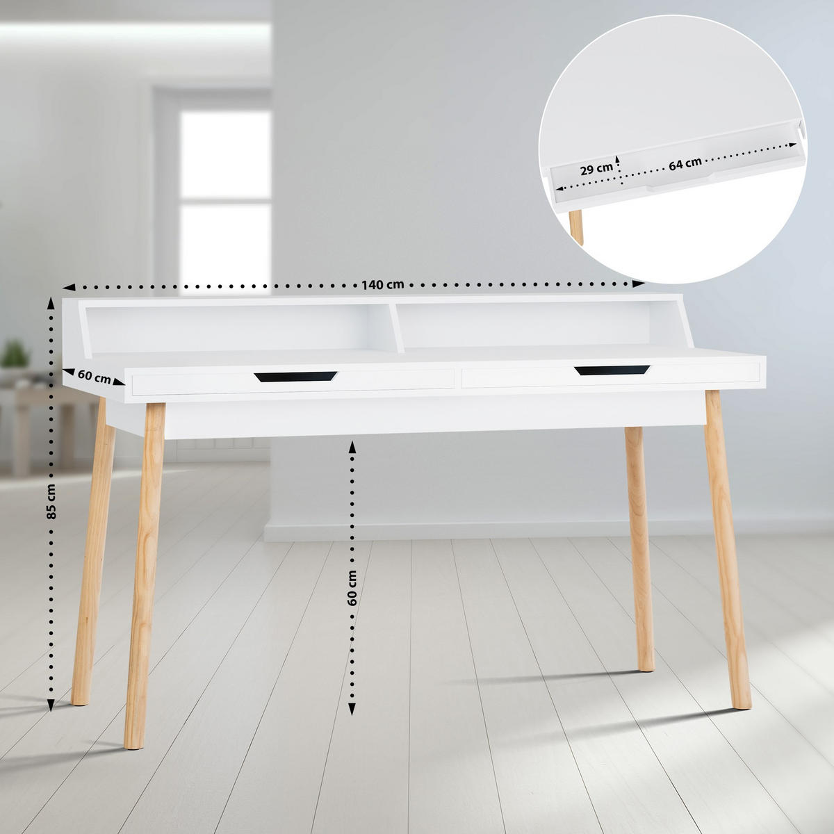 SCHREIBTISCH 140/60/85 cm Holz Weiß - Eukalyptusholzfarben/Weiß, Holz (60/140/85cm) - CLP