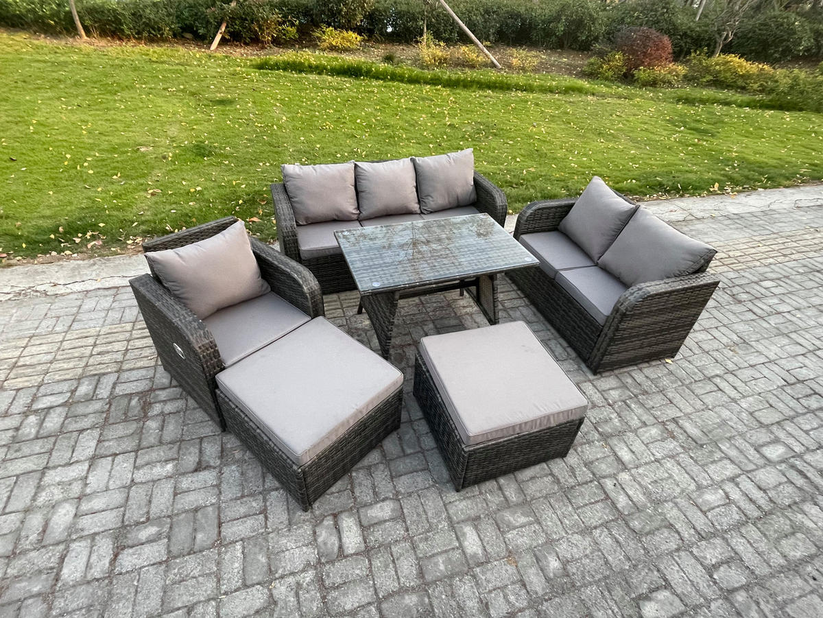 GARTENMÖBELSET mit ESSTISCH,SOFA Polyrattan 8-Sitzer - Dunkelgrau/Grau, Glas/Kunststoff - Fimous