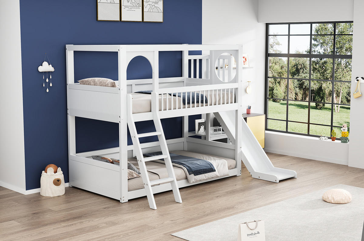 ETAGENBETT 90/200 cm mit Rutsche, Regalen und Stauraum aus Kiefern , Weiß - Weiß, Holzwerkstoff (90/200cm) - Redom